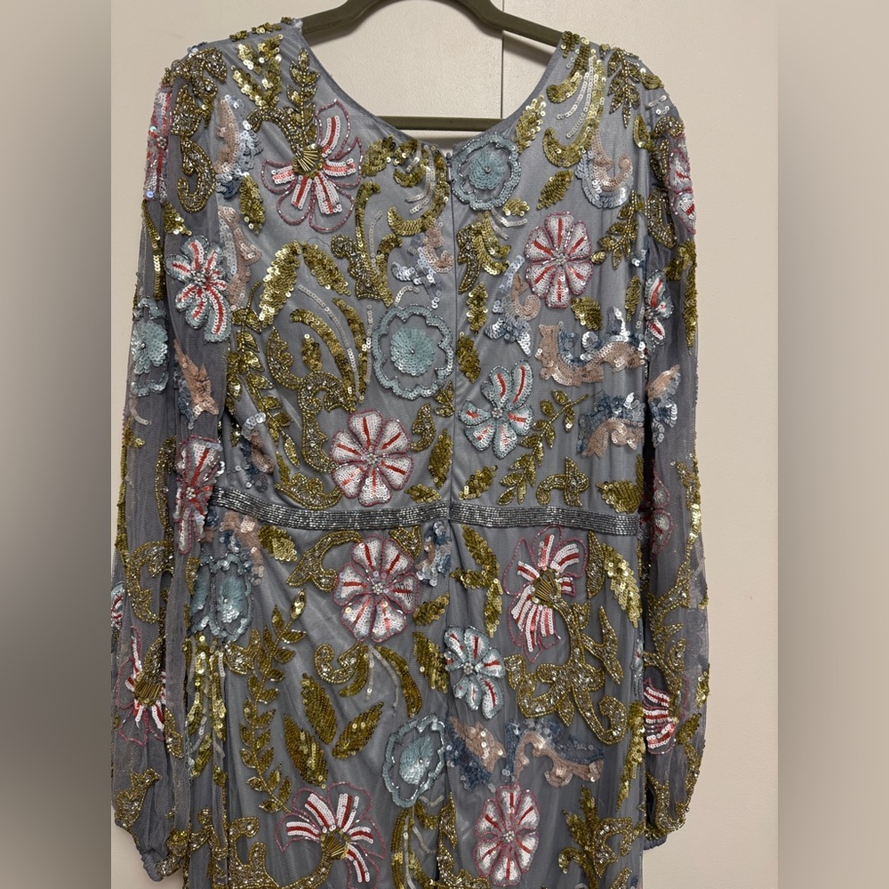 NWT Mac Duggal 5423 Gray Platinum Multi Long Cuff Sleeve Midi Dress Size 12 - Picture 15 of 16